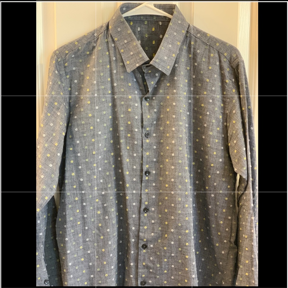 Cotton blue grey shirt yellow green woven dots 16 - Picture 8 of 8